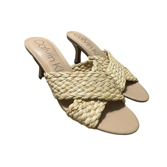 👡 Calvin Klein Woven Raffia Heeled Sandals Beige Size 9 👡 - Picture 1 of 4